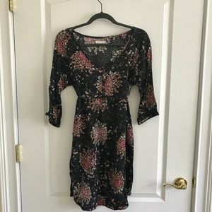 Tulle 3/4 sleeve floral print black dress